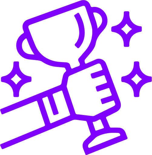 A bold purple line art icon depicting a hand holding up a trophy, symbolizing achievement or success. The design is complemented by sparkling stars around the trophy, adding a celebratory and victorious tone.