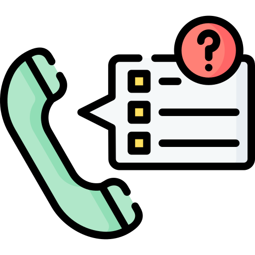 Flat icon of a phone with a checklist and question mark, representing call-based surveys, phone support inquiries, or data collection over voice calls. Ideal for customer service, telephonic assessments, or troubleshooting scenarios.