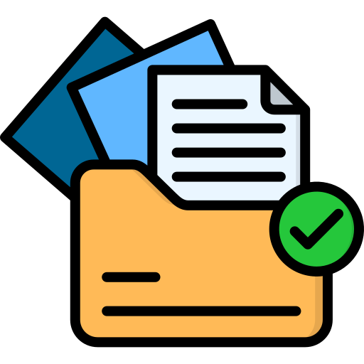 A flat icon of a yellow folder containing documents, with a green checkmark symbol—representing organized files, successful documentation, completed audits, or verified records.