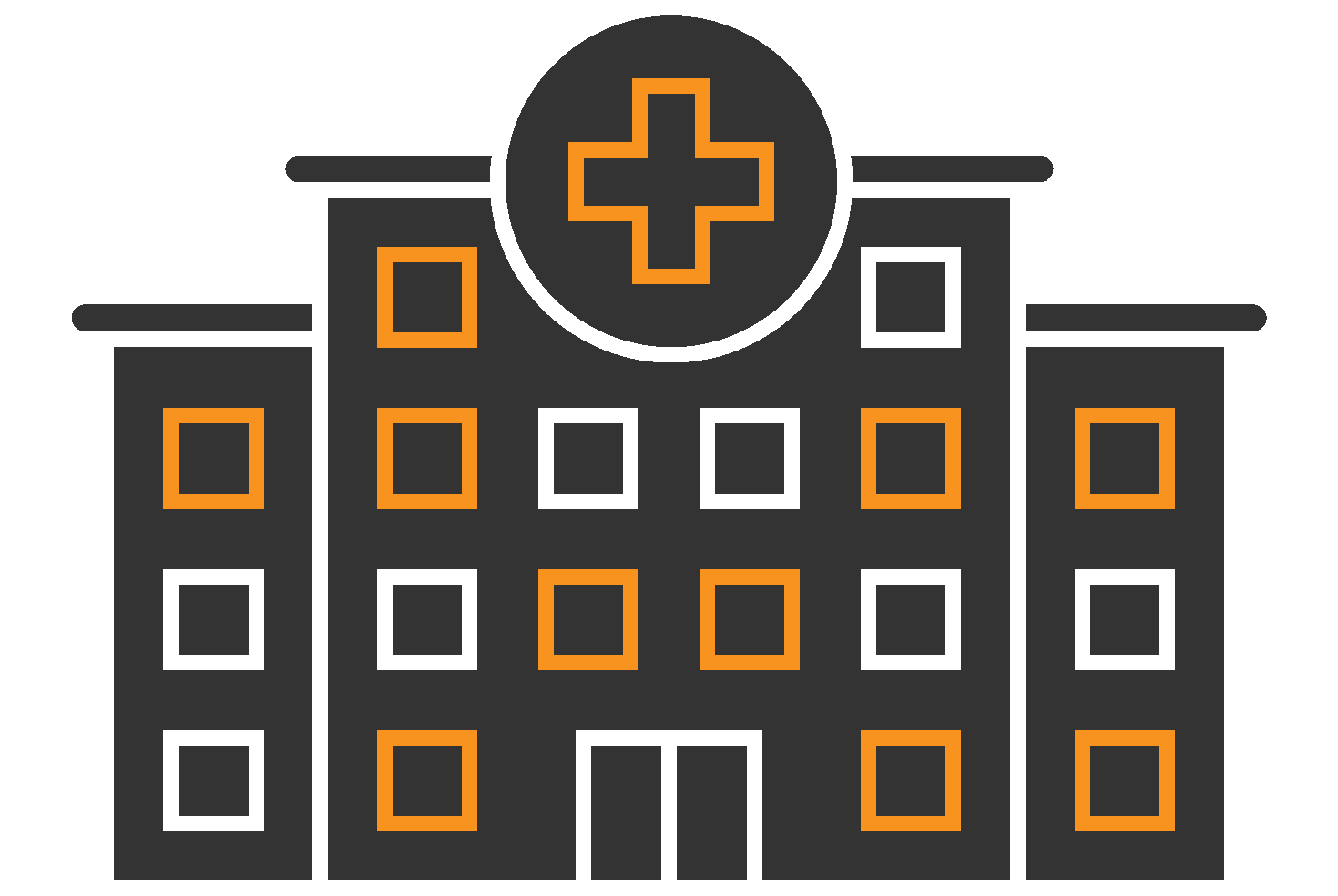 Icon of a hospital building with a large circular cross symbol at the top center, outlined in orange. The building is rectangular with three sections: a taller central section and two smaller side sections. The windows are outlined in alternating orange and white, evenly distributed across the building's façade. The background of the building is dark gray, and the outline of the structure is in white.