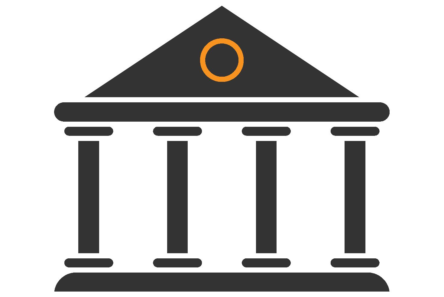 Illustration of a bank building featuring a classical design with a triangular roof and four large columns. An orange circular symbol is centered at the top of the roof. The structure is dark gray with white outlines, emphasizing its formal and institutional appearance, commonly associated with banks.