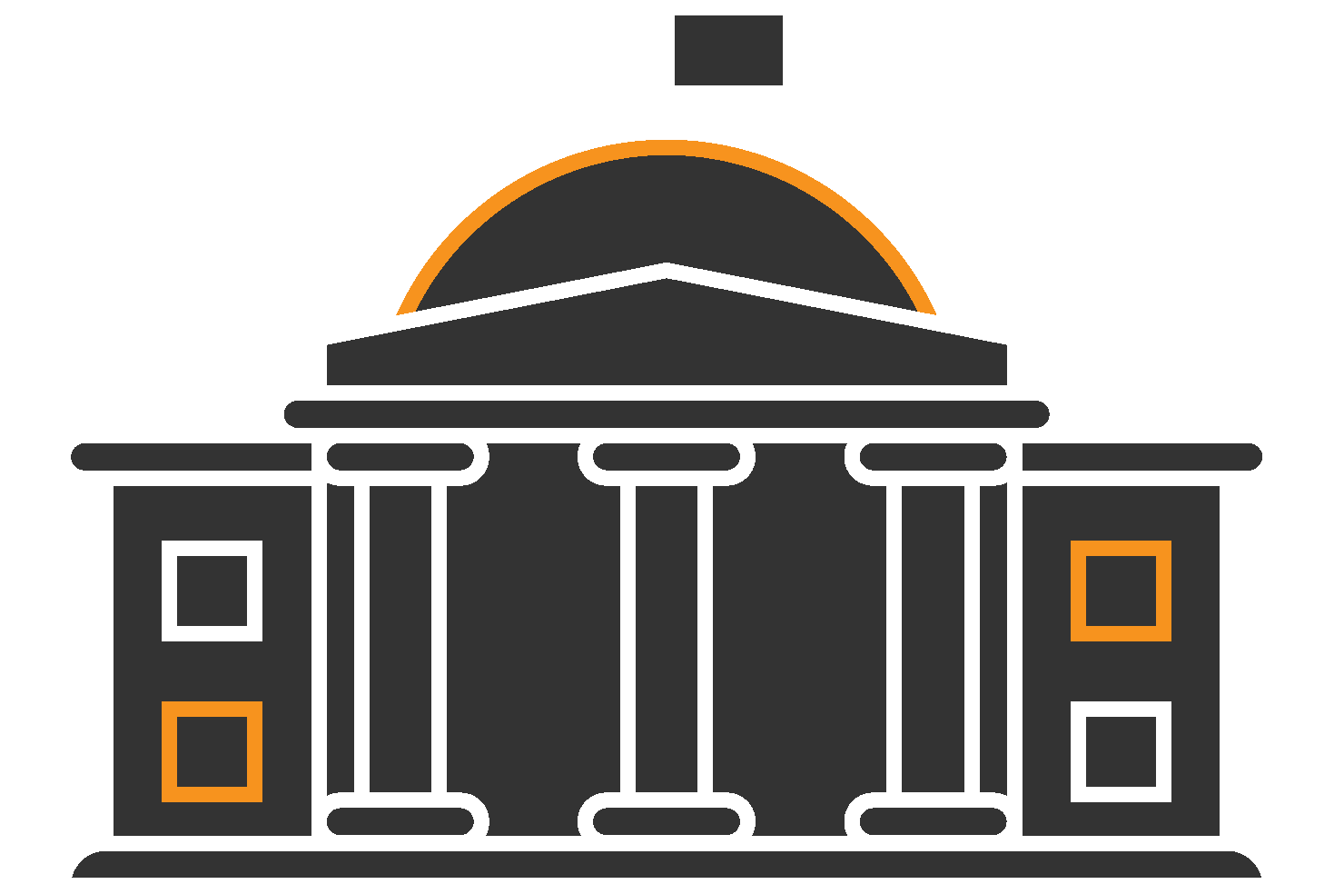 Illustration of a government building featuring a large central dome with an orange accent and a flag on top. The structure has a symmetrical design, with four prominent columns in the center and two side wings, each containing windows outlined in orange and white. The building is dark gray with white outlines, symbolizing its formal and institutional purpose as a government or legislative building.