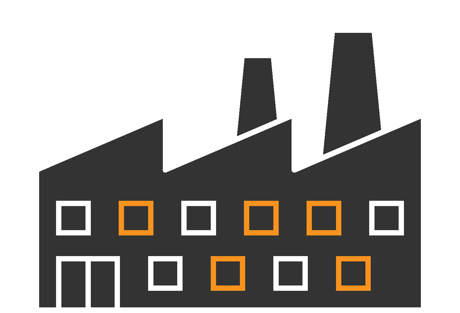 Illustration of a factory building with two tall smokestacks emitting smoke, represented by wavy lines. The building has a jagged roofline and multiple windows outlined in orange and white. The factory structure is dark gray with white outlines, emphasizing its industrial purpose.