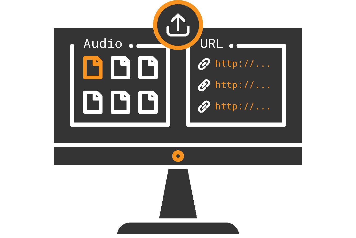 The image depicts a stylized computer monitor displaying an interface for uploading or managing files. The screen is divided into two sections: the left section labeled "Audio" contains several file icons, one highlighted in orange, while the right section labeled "URL" shows a list of links represented by "http://..." with orange link icons. At the top center of the monitor is an orange upload icon, symbolizing the action of uploading files or links. The overall color scheme combines white, gray, and orange on a dark background, giving a modern, tech-focused appearance.
