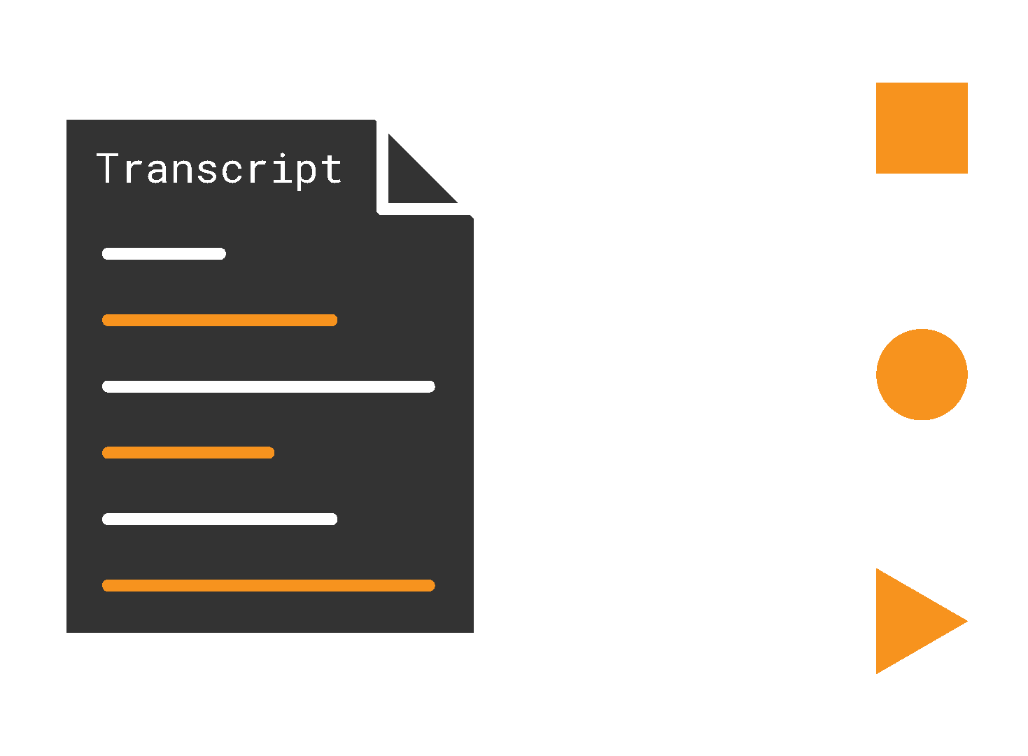 The image visually represents semantic extraction. On the left, a transcript document labeled "Transcript" contains alternating white and orange lines, symbolizing structured text or extracted information. On the right, three distinct geometric shapes — a square at the top, a circle in the middle, and a triangle at the bottom, all in orange — represent the extraction of key semantic elements or categories from the transcript. This highlights the transformation of unstructured text into structured, meaningful components, with the geometric shapes emphasizing the categorization and organization of the extracted information. The clean design uses dark gray, white, and orange to draw attention to the structured output of the semantic extraction process.
