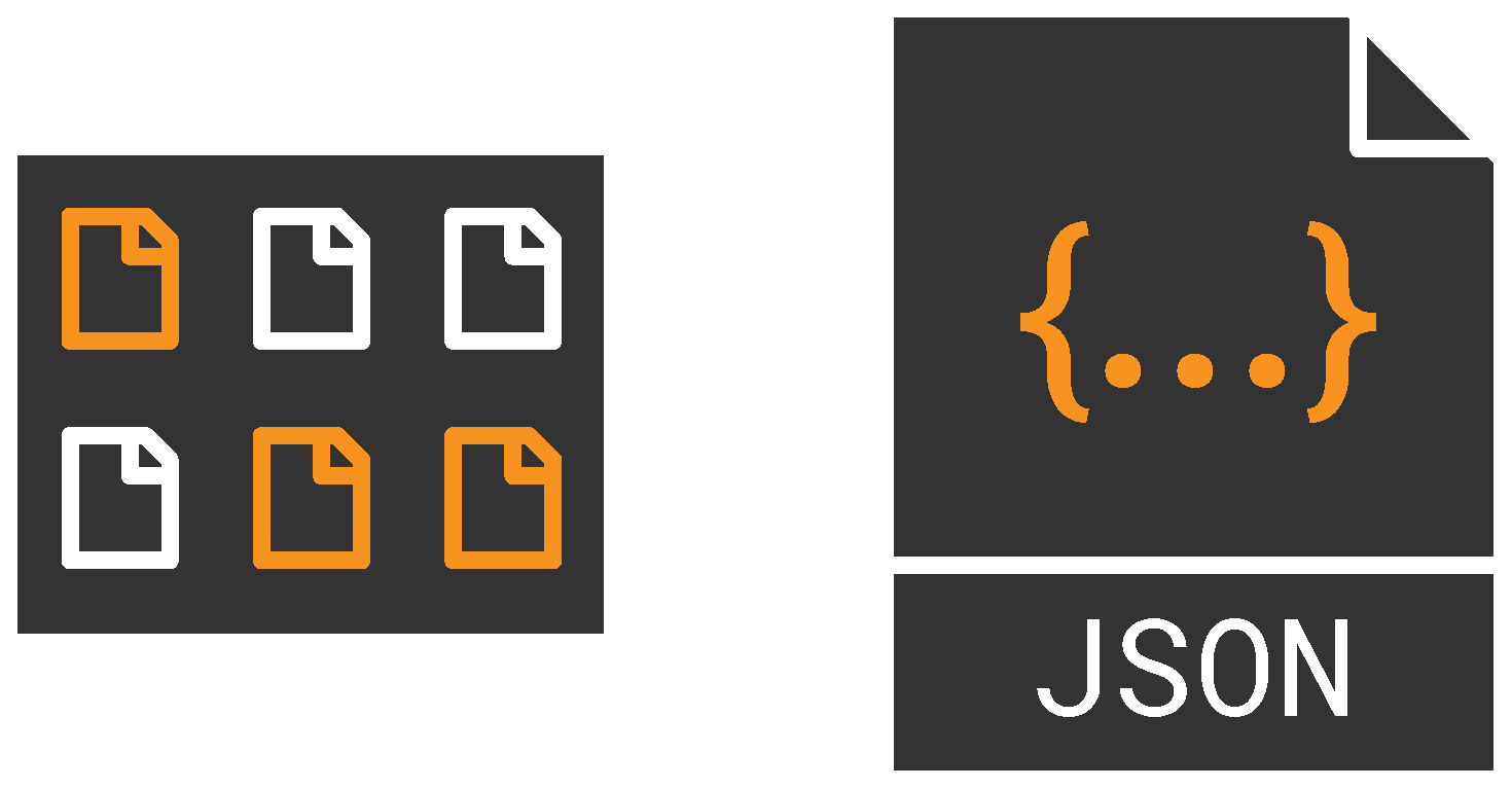 The image visually represents the transformation of multiple documents into a structured JSON format. On the left, a collection of six document icons is displayed, with some highlighted in orange, symbolizing unstructured data or files. On the right, a large document icon labeled "JSON" features curly braces ({...}) and dots inside, indicating a structured, machine-readable format. The visual suggests a process where unstructured or semi-structured data, such as multiple documents, is processed and converted into a standardized JSON format for easier organization, retrieval, or analysis. The color scheme of dark gray, white, and orange emphasizes clarity and structure in the transformation process.