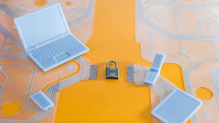Image of a miniature laptop, smartphone, and tablet arranged on a circuit board design, with a small padlock placed in the center, symbolizing data security and protection across digital devices. The circuit-like background suggests the concept of network security or cybersecurity for connected devices.