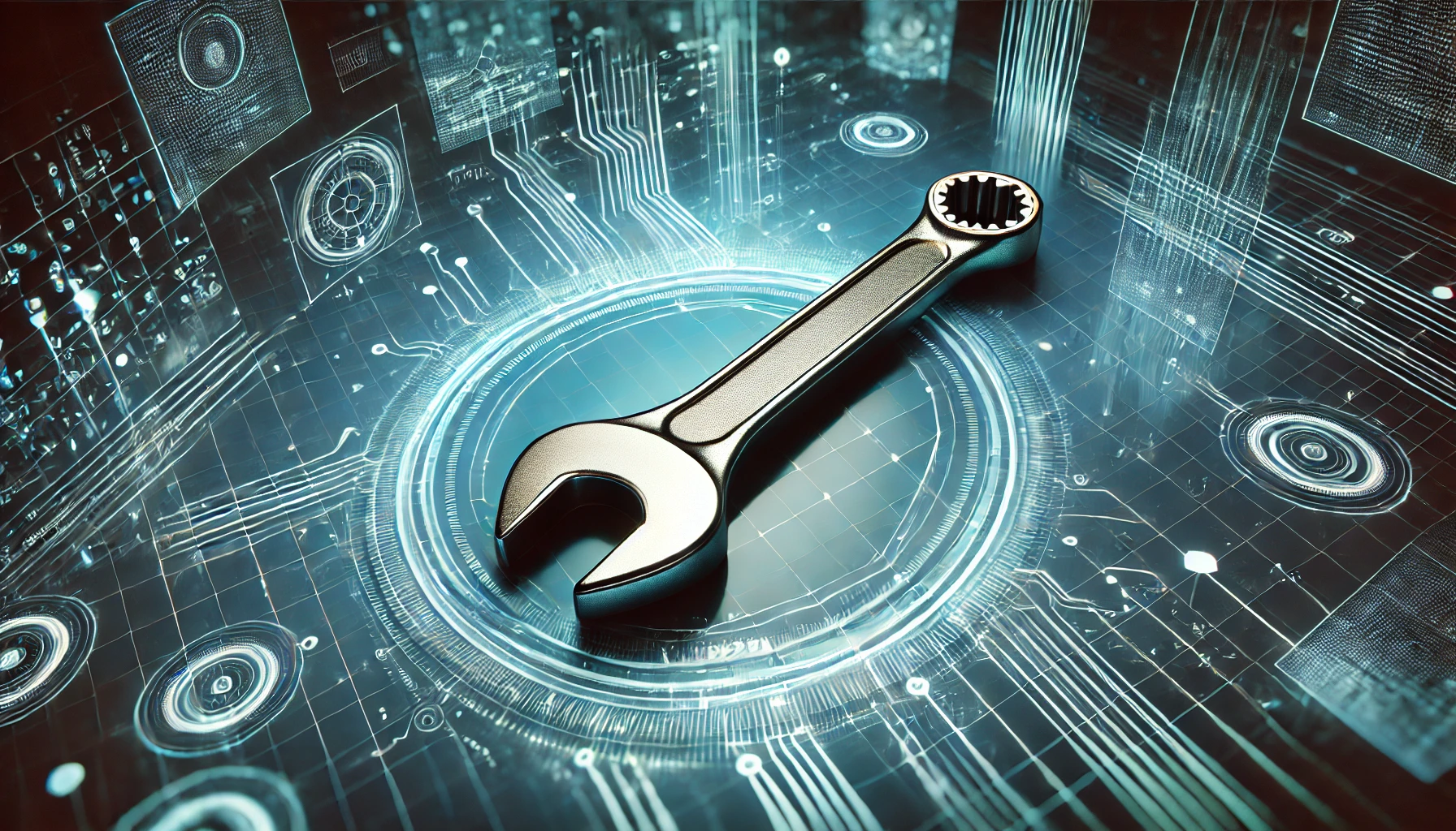 A metallic wrench placed at the center of a high-tech digital interface with holographic elements and circuit-like patterns, symbolizing the integration of traditional tools with advanced technology. The glowing, futuristic background suggests concepts of AI, digital transformation, or technology-driven solutions.
