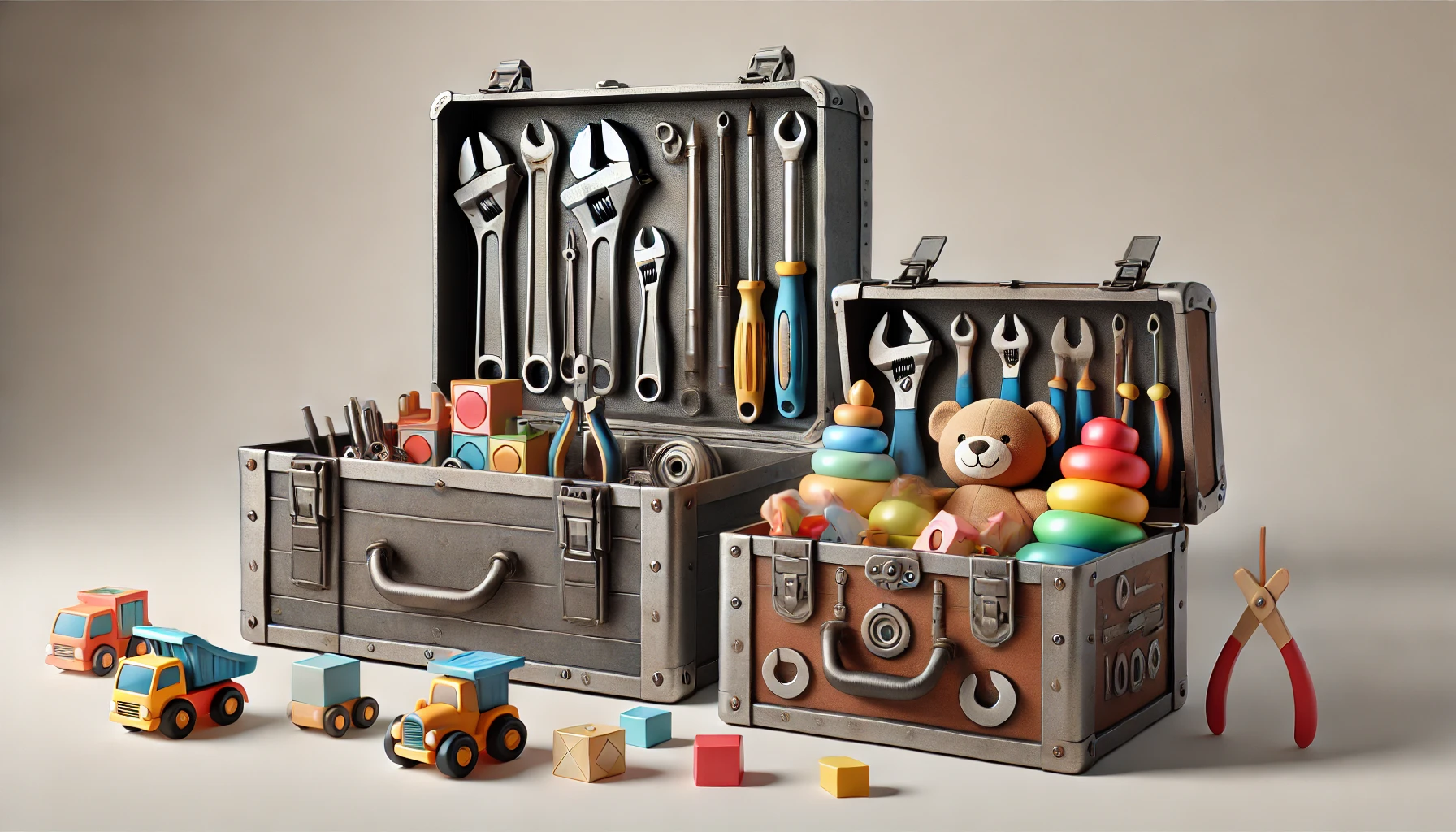 Two metal toolboxes side by side, each open to reveal contrasting contents. The larger toolbox holds various hand tools like wrenches, pliers, and screwdrivers, while the smaller toolbox contains colorful children's toys, including a teddy bear, stacking rings, and building blocks. Toy trucks and blocks are scattered around, symbolizing the juxtaposition of professional tools and playful items, highlighting the concept of utility versus play.